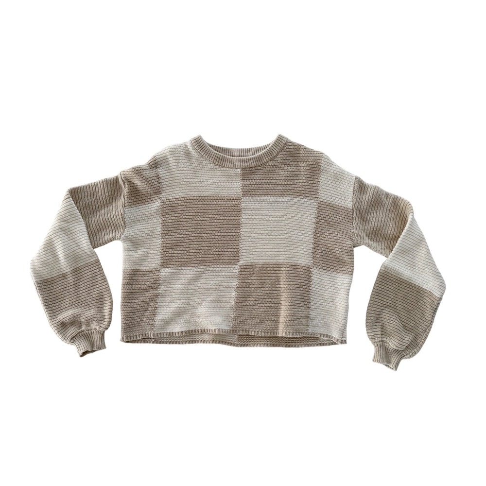 Moon & Madison Checkerboard Knit Sweater Tan Cream XS Balloon Sleeve Cropped